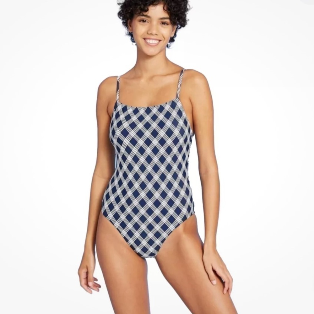 Sea Angel Square Neck One Piece Swimsuit Navy & White Plaid Size Small